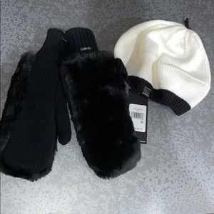 Karl Lagerfeld Hat and Furry Mittens NWT